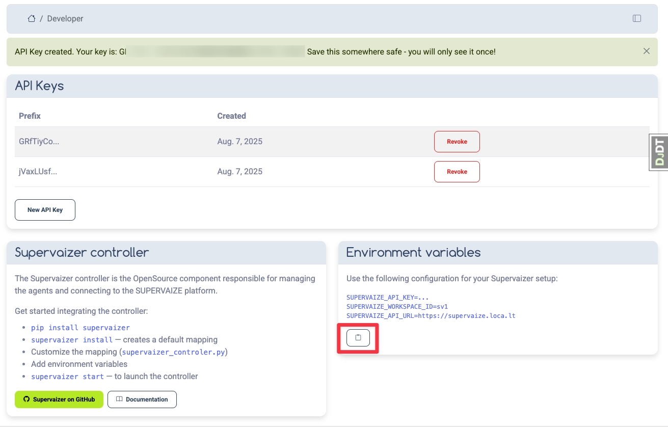 Supervaize Developer Settings